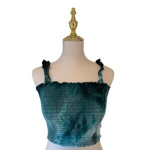Sky & Sparrow Women's Rayon Teal Tie Dye Smocked Ruffle Strap Crop Tank Top Sz M